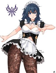 1girls big_breasts blue_eyes byleth_(fire_emblem) byleth_(fire_emblem)_(female) cleavage fire_emblem fire_emblem:_three_houses leggings maid maid_headdress midriff nintendo oliver_koito teal_hair thick_thighs tights wide_hips