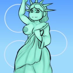 big_breasts female female_only flashing green_body green_hair inverted_nipples looking_at_viewer metallic_body oni_draws statue_of_liberty voluptuous wide_hips