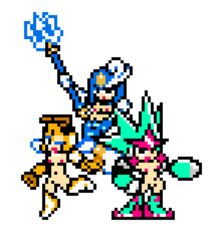 3girls antennae arm_cannon capcom comet_woman fangame_character female female_only honey honey_woman mega_man mega_man(classic) mega_man_9 mega_man_unlimited mermaid multiple_girls nipples pixel_art robot splash_woman transparent_background trident vesper_woman wings wink