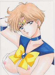 bishoujo_senshi_sailor_moon breasts exposed_breasts female female_only haruka_tenou holding_breasts looking_at_viewer medium_breasts nipples open_mouth rascal_(n119) sailor_collar sailor_uranus serafuku short_hair solo tagme