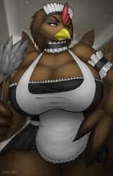 1girls 2014 annoyed anthro avian bare_shoulders beak big_breasts bird breasts brown_feathers brown_hair chicken clothed duster feathers female female_only furry hair hen hips huge_breasts large_breasts maid maid_uniform ruthie solo solo_female strype thick thick_thighs thighs turkey uniform voluptuous wide_hips