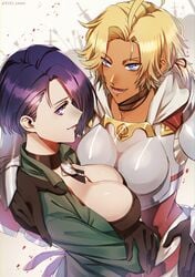 2girls absurdres asymmetrical_hair bangs black_gloves black_hair blonde_hair blue_eyes blush boobplate breastplate breasts catherine_(fire_emblem) choker cleavage edo-sama fire_emblem fire_emblem:_three_houses gloves highres jewelry large_breasts long_hair looking_at_viewer multiple_girls nintendo open_mouth purple_eyes purple_hair shamir_nevrand short_hair shoulder_armor simple_background smile upper_body white_armor