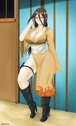 1girls big_breasts boots boruto:_naruto_next_generations breasts brown_hair busty cleavage female female_only fully_clothed hair_between_eyes hyuuga_hanabi kimono long_hair naruto naruto_(series) no_bra no_panties salazr4 smile solo thighs tied_hair violet_eyes