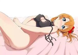 artist_request bed black_bra blue_eyes bow bra cat_bra cat_keyhole_bra edit female hairbow kousaka_honoka love_live! love_live!_school_idol_project lying_down lying_on_back lying_on_bed orange_hair partially_clothed red_bow simple_background solo source_request thighs