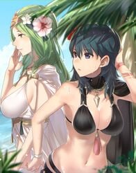 2girls bare_arms bare_shoulders belly bikini black_bikini black_swimsuit blue_eyes byleth_(fire_emblem) byleth_(fire_emblem)_(female) byleth_(fire_emblem)_(female)_(summer) cleavage female female_only fire_emblem fire_emblem:_three_houses fire_emblem_heroes flower_in_hair green_eyes green_hair haru_(nakajou-28) harunn2288 large_breasts long_hair midriff multiple_girls official_alternate_costume rhea_(fire_emblem) rhea_(summer)_(fire_emblem) sweat swimsuit teal_hair wet wet_body white_bikini white_swimsuit