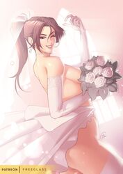 big_breasts brown_eyes brown_hair female female_only final_fantasy final_fantasy_vii final_fantasy_vii_remake freeglass jessie_rasberry long_hair ponytail solo solo_female solo_focus wedding_dress