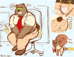 1boy 2022 anthro ass bodily_fluids bottomwear brown_body chair clothing computer cum furniture genital_fluids hi_res magic male mammal necktie office office_chair overweight overweight_male pants public shirt solo syrup_burr topwear ursid voodoo voodoo_doll voodoo_penetration