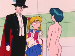 1boy 2girls 90s accurate_art_style ami_mizuno awkward bishoujo_senshi_sailor_moon blue_hair casual clothing edit female human male mamoru_chiba nude nude_female nude_filter official_style sailor_moon screencap screenshot_edit skirt smooth_skin tagme toei_animation tuxedo_mask usagi_tsukino