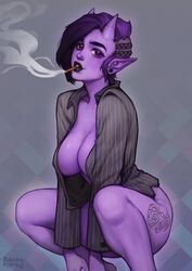 1girls abstract_background black_lipstick bottomless cigar demon demon_girl horns huge_breasts lips long_sleeves looking_at_viewer open_clothes piercing pointy_ears purple_eyes purple_hair purple_skin sasha_khmel shirt short_hair smoking solo squatting succubus tattoo