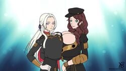 2girls alternate_breast_size breast_press breast_to_breast breasts brown_hair clothed_female dorothea_arnault edelgard_von_hresvelg female_only fire_emblem fire_emblem:_three_houses gigantic_breasts green_eyes huge_breasts large_breasts long_hair multiple_girls nintendo purple_eyes symmetrical_docking white_hair ydbunny