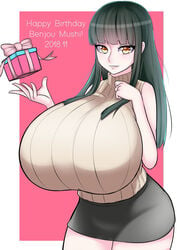 big_breasts black_hair cute gigantic_breasts hips huge_breasts long_hair milf nantene orange_eyes skirt smile sweater thighs