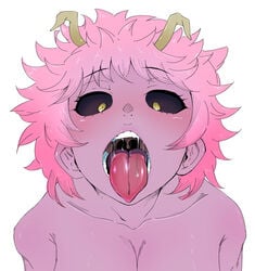 ahe_gao awaiting black_sclera female_only horns mina_ashido mouth_fetish mouth_shot my_hero_academia open_mouth pink_hair pink_skin saliva solo tongue tongue_out wakimiunten yellow_eyes