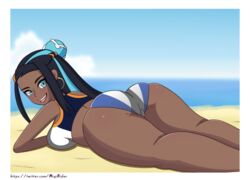 1girls ass beach big_ass big_breasts big_butt bikini black_hair blue_eyes blue_hair butt clothed clothed_female clothes clothing dark-skinned_female dark_hair dark_skin earrings eye_contact female female_only fully_clothed hoop_earrings human human_only long_hair looking_at_viewer looking_back migi_rider nessa_(pokemon) nintendo ocean outside pokemon pokemon_ss sand solo swimsuit thick_ass thick_thighs thighs water