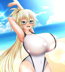 armpits beach belly belly_button big_breasts blonde_hair blush blushing curvy fate/grand_order fate_(series) glasses happy hips huge_breasts jeanne_d'arc_(fate) jeanne_d'arc_(fate)_(all) jeanne_d'arc_(swimsuit_archer) long_hair mameneko ocean sky sun thin_waist