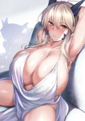 1girls alternate_breast_size armpits artoria_pendragon artoria_pendragon_(lancer_alter) azur_lane blonde_hair breasts breasts_bigger_than_head cleavage cosplay dress fate/grand_order fate_(series) female female_only gigantic_breasts hi_res hirasawa_seiji huge_breasts light-skinned_female light_skin revealing_clothes sitting solo solo_female sparkle st._louis_(luxurious_wheels)_(azur_lane)_(cosplay) sweat yellow_eyes