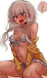 1girls blue_eyes blush bodily_fluids breasts breath cleavage clothing danganronpa danganronpa_v3 dark_skin female female_only heat new_danganronpa_v3 panting sitting small_breasts smooth_skin solo suurin_(ksyaro) sweat sweating twintails white_hair yellow_clothing yonaga_angie