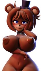 3d arms_behind_back arms_behind_head bear belly_button big_breasts black_nose blue_eyes blush brown_fur brown_hair five_nights_at_freddy's five_nights_in_anime fnaf freckles freddy_(fnaf) lewdporter looking_at_viewer naked