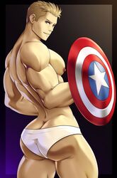 1boy ass bara blonde_hair briefs captain_america gasaiv male male_focus male_only marvel muscle muscles nipple pec pecs pectorals solo steve_rogers underwear white_underwear