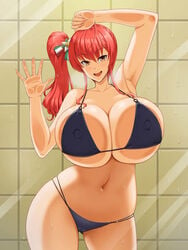 1girls armpits azur_lane bathroom belly belly_button big_breasts breast_squish breasts curvy female female_only happy huge_breasts kawanuma_uotsuri large_breasts long_hair midriff mouth_open red_hair smile solo solo_female swimsuit thick_thighs thighs wet yellow_eyes zara_(azur_lane) zara_(poolside_coincidence)_(azur_lane)