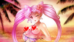 aged_up beach bishoujo_senshi_sailor_moon breasts censored chibi_usa double_bun exposed_breasts flower forehead_mark kgfantasy looking_at_viewer pink_hair small_breasts swimsuit tagme twintails wink