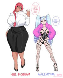 1futa 1girls age_difference alternate_version_available big_breasts black_skirt blue_hair braided_ponytail breasts bulge clothed clothed_female clothed_female_clothed_futanari clothed_futanari duo facing_viewer fellatrix female fishnet fishnet_legwear fishnet_stockings fishnets futa_with_female futanari harness high_heels large_breasts light-skinned light-skinned_female light_blue_hair looking_at_another looking_at_viewer ms._morgan_(fellatrix) open_toe_shoes original pasties penis_under_clothes red_eyes revealing_clothes skimpy_clothes standing stiletto_heels tan-skinned tan-skinned_futanari tan_skin teacher teacher_and_student twintails valentina_(fellatrix) very_high_heels