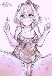 blue_eyes bow crunnix doki_doki_literature_club eyebrows_visible_through_hair female hairbow heart-shaped_pupils just_sayori looking_at_viewer peace_sign sayori_(doki_doki_literature_club) simple_background solo swimwear thighs