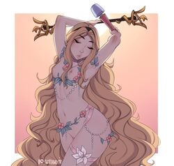 1girls areolae armpits arms_up blonde_hair breasts closed_eyes female female_only flowers hitachi_magic_wand league_of_legends long_hair luxanna_crownguard makeup nipples nude satanya small_breasts solo very_long_hair vibrator wide_hips