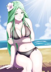 beach_chair black_swimsuit cleavage clouds fire_emblem fire_emblem:_three_houses flower_in_hair green_eyes green_hair gzo1206 large_breasts looking_at_viewer ocean rhea_(fire_emblem) sky solo solo_female thick_thighs