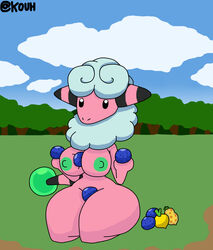 animal_humanoid anthro areola ass berry big_breasts big_butt breasts clothing cloud curvaceous curvy_figure female flaaffy food fruit fur hi_res huge_breasts huge_butt humanoid kouh legwear looking_at_viewer mammal mammal_humanoid multicolored_body multicolored_skin nintendo nipples pink_body pink_skin plant pokémon_(species) pokémorph pokemon sky small_waist solo thick_thighs thigh_highs tree video_games voluptuous white_body white_fur wide_hips