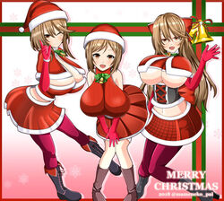 big_breasts boots christmas christmas_outfit cosplay costume cute glasses long_hair mameneko minami_rina original short_hair skirt thighhighs thin_waist