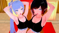 3d ahe_gao blacked blacked_clothing day_and_night_(artist) english_text female female_only koikatsu looking_at_viewer ruby_rose rwby text weiss_schnee