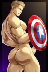 ass bara bare bare_back blonde_hair captain_america gasaiv gay male male_focus male_only marvel muscle muscles naked nipple pec pecs pectorals penis penis_out pinup steve_rogers