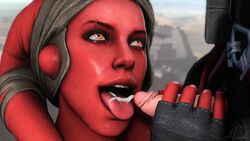 1boy 1girls 3d alien_girl aneesha cum cum_in_mouth cum_on_tongue cumming female handjob human male mouth_open open_mouth penis red_skin scar smile star_wars straight tongue_out twi'lek unseen_male_face