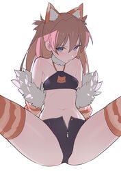 animal_ears ass asuka_langley_sohryu bandeau bare_shoulders black_shorts blue_eyes blush breasts brown_hair cat_ears clothing collarbone commentary detached_sleeves female fur_collar fur_trim highres hks_(timbougami) kemonomimi_mode long_hair looking_at_viewer micro_shorts midriff navel neon_genesis_evangelion one_side_up open_fly orange_legwear shorts simple_background sitting small_breasts solo spread_legs stockings stomach striped striped_legwear thighhighs thighs tim_loechner white_background