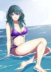 1girls alternate_costume bare_legs bikini blue_eyes byleth_(fire_emblem) byleth_(fire_emblem)_(female) cleavage feet fire_emblem fire_emblem:_three_houses gzo1206 large_breasts looking_at_viewer nintendo ocean purple_bikini purple_swimsuit shallow_water solo sukkirito_(rangusan) swimsuit teal_hair