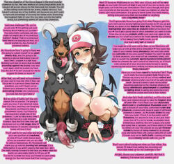 1boy 1girls 3_toes animal_genitalia animal_penis bare_shoulders big_penis black_fur blush boots breasts brown_eyes brown_hair canine caption claws clothed clothing drooling eye_contact female feral hair half-closed_eyes hilda_(pokemon) houndoom human knot laced_boots looking_at_viewer male nintendo paws penis pokemon pokemon_bw pokemon_gsc pokephilia pollenoxide ponytail saliva size_difference smile squatting tail taker_pov talking_to_viewer teeth text tongue tongue_out veiny_penis watermark