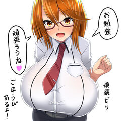 1girls big_breasts blush blushing breasts gigantic_breasts glasses happy huge_breasts large_breasts mameneko minami_rina open_mouth orange_hair original short_hair tie uniform white_background yellow_eyes