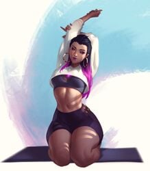 1girls annienudesart anninosart bimbo breasts brown_skin dark-skinned_female dark_skin female hoop_earrings jeremy_anninos latina midriff milf purple_lipstick reyna_(valorant) riot_games stretching valorant wide_hips