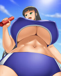 belly belly_button big_breasts breasts cleavage dark_hair green_eyes happy huge_breasts kawanuma_uotsuri long_hair nipples original original_character saionji_natsu sky smile smiling sun sunlight sweat thin_waist underboob