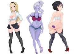 2020 3girls academy_lux academy_shyvana alternate_costume black_hair blonde_hair blue_skin cafin choker dildo ear_piercing fiora_laurent high_heels inviting league_of_legends looking_at_viewer looking_back luxanna_crownguard multiple_girls open_toe_shoes panties ponytail purple_panties riot_games school_uniform shyvana silver_hair skimpy skimpy_clothes skirt_lift spread_pussy tagme thighhighs two_tone_hair