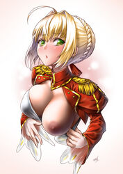 10s ahoge artist_name big_breasts blonde_hair blush breasts bumpy_areola epaulettes eyebrows_visible_through_hair fan_(f.w.zholic) fate/extra fate_(series) female glands_of_montgomery gradient gradient_background green_eyes high_resolution highres lips long_sleeves looking_to_the_side nero_claudius_(fate) nipples presenting short_hair uncensored upper_body veins veiny_breasts