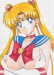 bishoujo_senshi_sailor_moon blonde_hair breasts choker double_bun elbow_gloves exposed_breasts female female_only hair_ornament holding_breasts large_breasts looking_at_viewer nipples rascal_(n119) sailor_collar sailor_moon smile solo tiara twintails usagi_tsukino