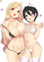 animal_ears belly belly_button big_breasts black_hair blonde_hair bra cute heart long_hair open_mouth panties short_hair small_breasts thighhighs thin thin_waist w4pz white_background