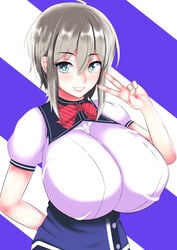 1girl 1girls belka belka_valentina big_breasts blue_eyes cute happy honoo_no_haramase_oppai_ero_appli_gakuen huge_breasts nantene school_uniform schoolgirl short_hair smile smiling thin_waist white_hair