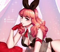 1girls bare_arms big_breasts black_lingerie bunny_ears bunny_girl bunny_tail celica_(fire_emblem) cleavage female fire_emblem fire_emblem_echoes:_shadows_of_valentia fire_emblem_gaiden gloves hand_to_own_mouth lialiar1 lingerie lips long_hair looking_at_viewer orange_eyes orange_hair pillow solo solo_female underwear