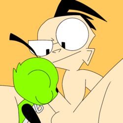 2boys background black_hair blowjob cock dib_membrane dick disguise eyes fellatio gay gay_blowjob gir_(invader_zim) glasses green_fur invader_zim male_only nickelodeon nose penis simple_background yellow_background