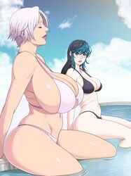 2girls big_breasts black_hair blue_highlights breast_envy brown_eyes eyes_closed female female_only fully_clothed hourglass_figure isabella_valentine long_hair looking_at_viewer lunasanguinis mature_female revealing_clothes short_hair soul_calibur thick_thighs tira two_tone_hair white_hair yuri