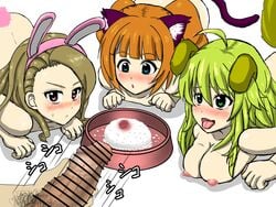 1boy 3girls ahoge all_fours bangs bending_over blonde_hair bowl breasts brown_hair cat_ears censored censored_penis closed_mouth cum_bowl cum_in_container cum_on_food curious dog_ears dominant_male eating_cum ejaculation female femsub green_eyes happy_sub hi_res high_resolution highres human large_breasts long_hair looking_at_viewer male_pubic_hair maledom masturbation multiple_girls multiple_subs nipples on_all_fours open_mouth orange_hair penis pet_bowl petplay pubic_hair pubic_hair_in_mouth rabbit_ears rice sameusagi serious straight stray_pubic_hair submissive_female sweatdrop white_background