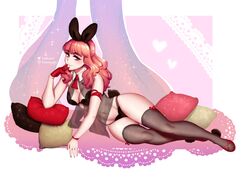 1girls bare_arms big_breasts black_lingerie bunny_ears bunny_girl bunny_tail celica_(fire_emblem) cleavage female fire_emblem fire_emblem_echoes:_shadows_of_valentia fire_emblem_gaiden gloves hand_to_own_mouth lialiar1 lingerie lips long_hair looking_at_viewer lying lying_on_side orange_eyes orange_hair pillow solo solo_female stockings thick_thighs thighs underwear veil wide_hips