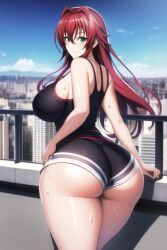 ai_generated ass_focus black_short_shorts black_tank_top blue_eyes bubble_butt curvy curvy_figure gigantic_ass high_school_dxd huge_ass huge_breasts long_hair looking_at_viewer nai_diffusion red_hair rias_gremory seductive_smile shiny_hair shiny_skin short_shorts stable_diffusion sweaty_body thick_thighs voluptuous wide_hips